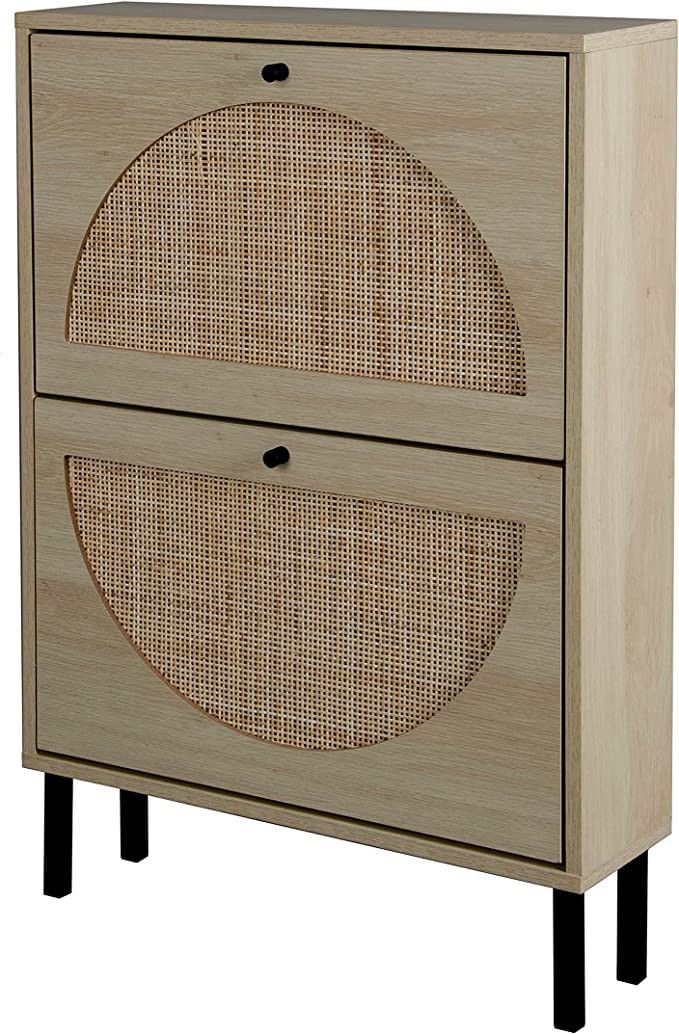ZeHuoGe Natural Rattan Shoe Cabinet with 2 Flip Drawers, Modern 2-Tier Shoe Rack Storage Cabinet ... | Amazon (US)