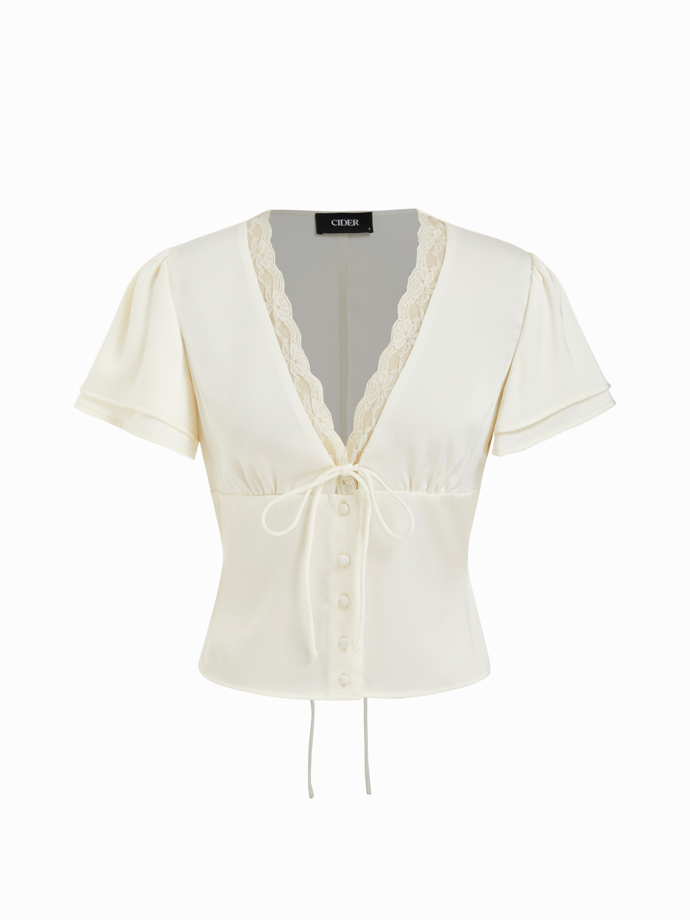 Woven Lace Trim V-Neck Drawstring Short Sleeve Blouse For Daily Casual | Cider