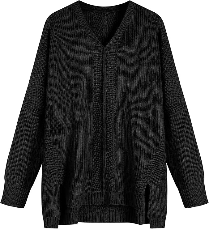 ZAFUL Women's Oversized Sweaters V Neck Long Sleeve Knit Pullover Batwing Drop Shoulder Split Top... | Amazon (US)