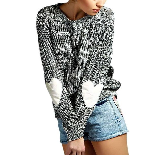 Women's Long Sleeve Heart Pattern Patchwork Sweater in Gray - Walmart.com | Walmart (US)