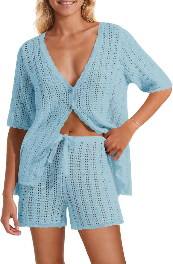 Saodimallsu Women Crochet 2 Piece Swimsuit Cover Up Short Sleeve Knit Tops Shorts Sets Summer Bea... | Amazon (US)