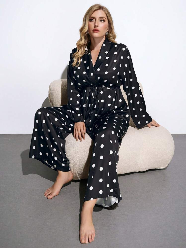 SHEIN Maija Plus Size Women Polka Dot Print Long Sleeve Top And Wide Leg Pants Casual 2 Pieces Se... | SHEIN