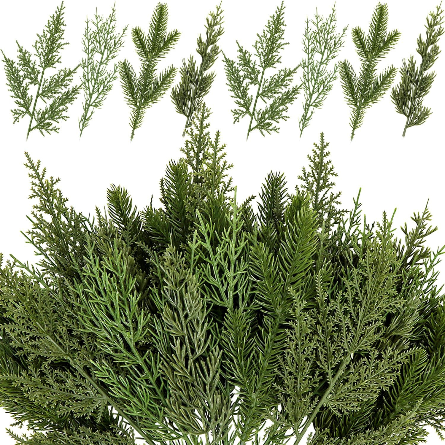 40 Pcs Artificial Pine Branches Assorted Faux Pine Stems Cedar Leaves Needle Sprigs Plastic Fake Christmas Greenery Pine Picks for Xmas Tree Wreaths Garlands DIY Accessories Home Decor (40, Green) | Amazon (US)