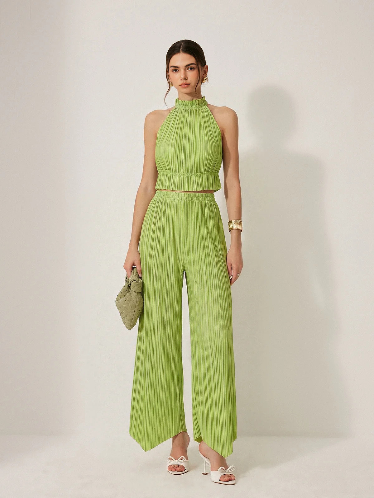Pleated Halter Crop Top & Pants Set | Commense