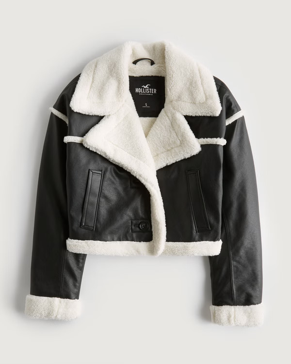 Sherpa-Lined Crop Vegan Leather Biker Jacket | Hollister (US)