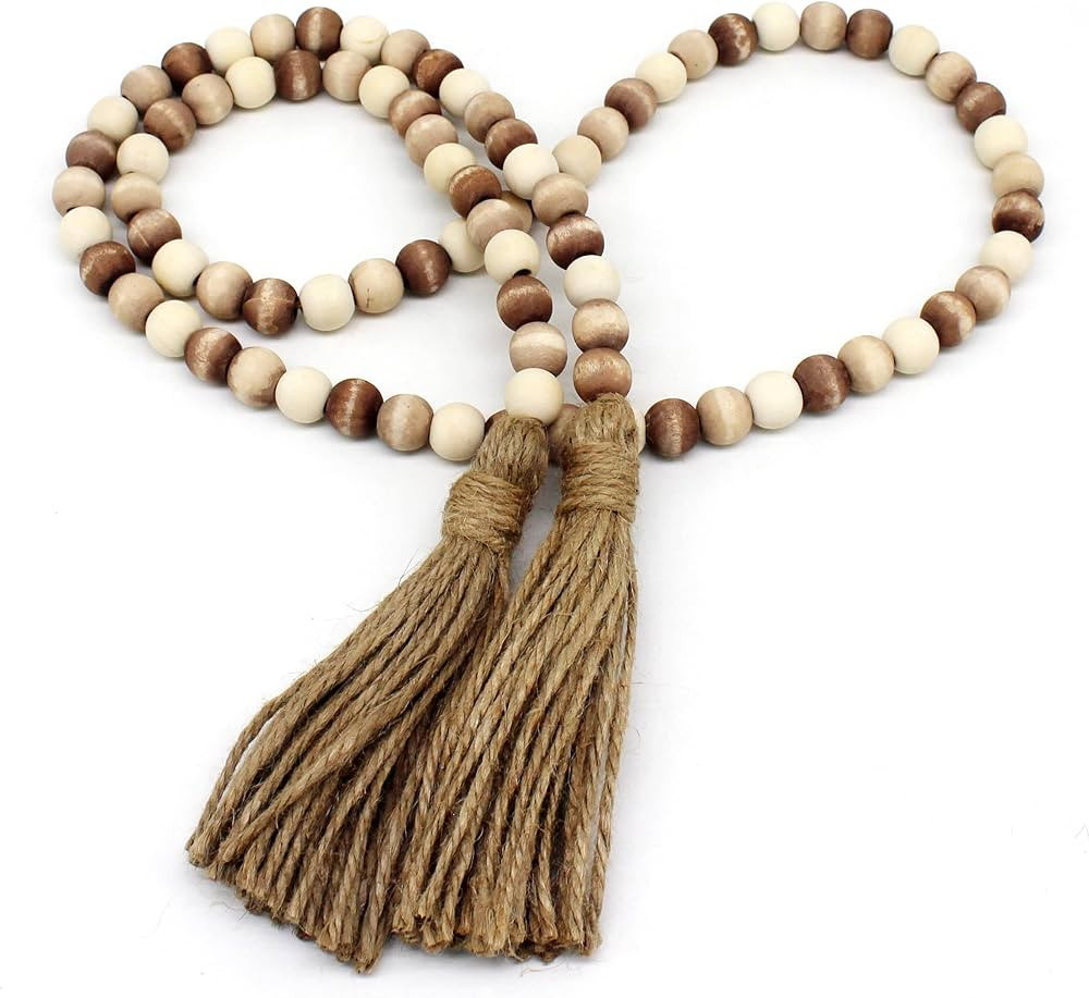 CVHOMEDECO. Wood Beads Garland with Tassels Farmhouse Rustic Wooden Prayer Bead String Wall Hangi... | Amazon (US)