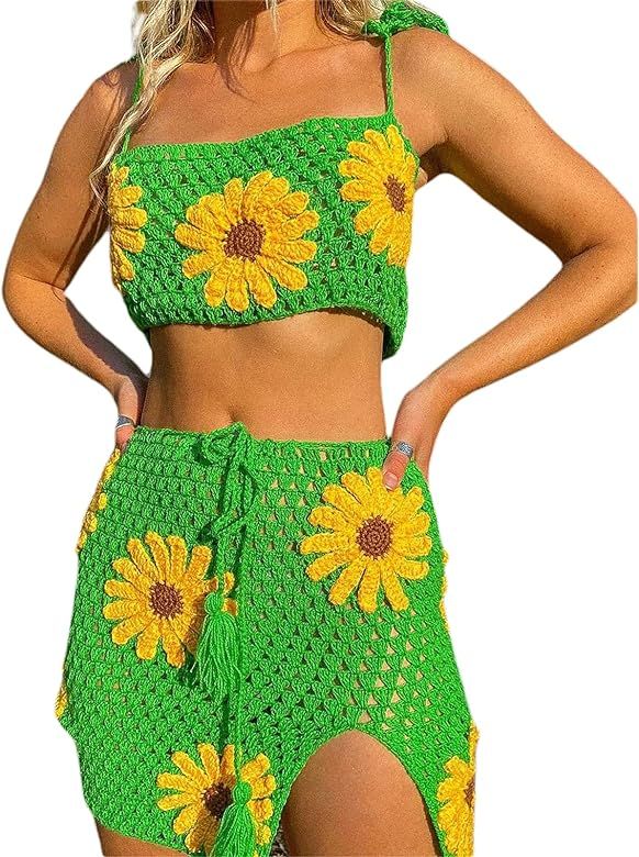 Women's Sexy 2 Piece Crochet Knitted Skirt Sets Y2K Boho Floral Print Sleeveless Crop Top Mini Sp... | Amazon (US)