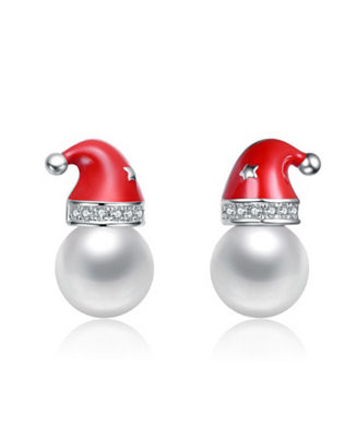 White Gold Plated with White Pearl & Clear Cubic Zirconia Santa Hat Stud Earrings - Macy's | Macy's