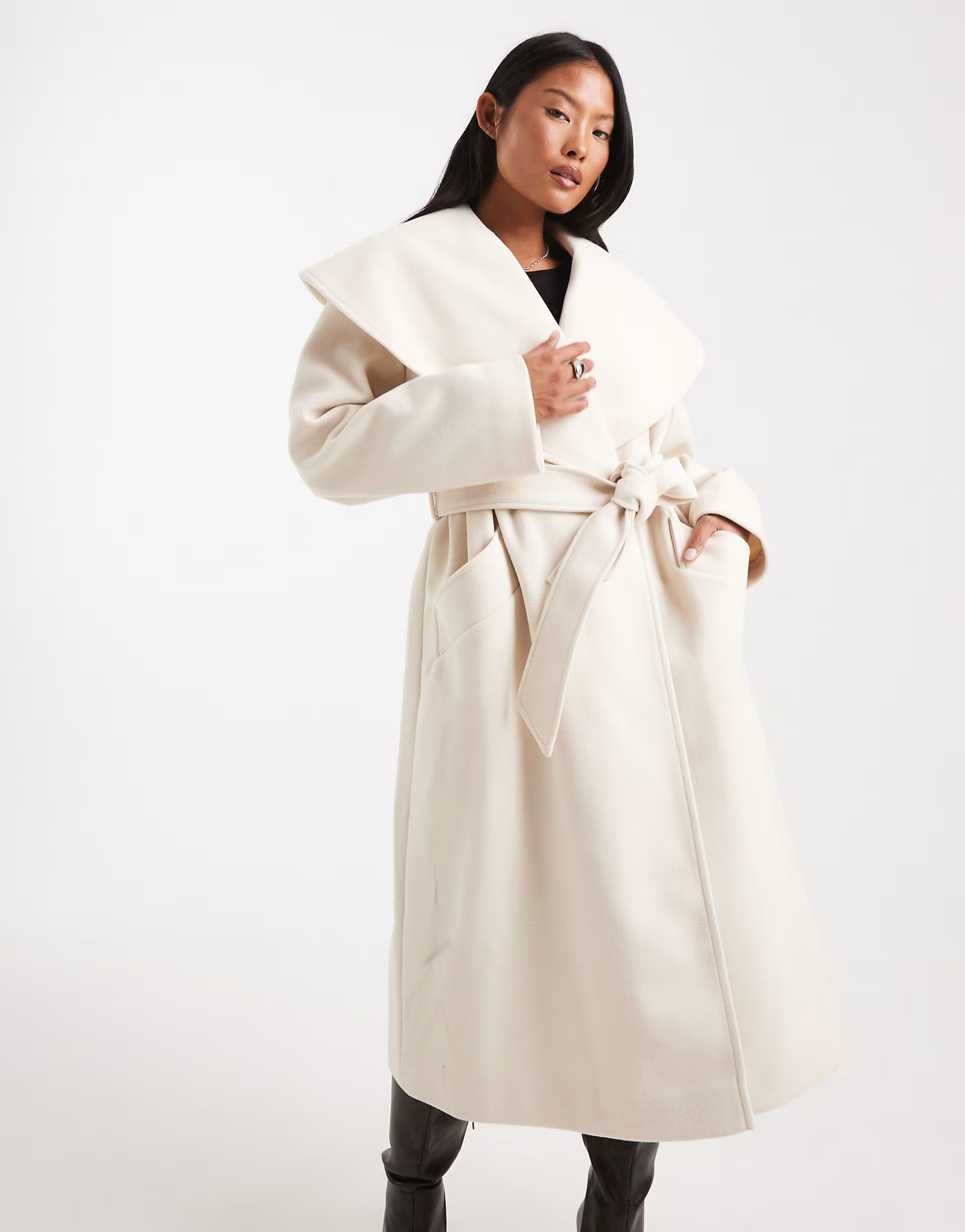 Miss Selfridge Petite formal wrap coat in cream | ASOS | ASOS (Global)