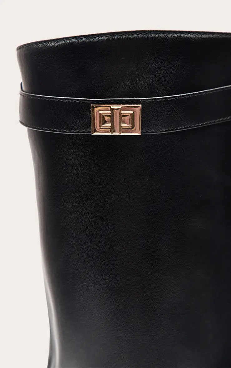Black Croc Faux Leather Block Heel Foldover Knee High Boots | PrettyLittleThing UK