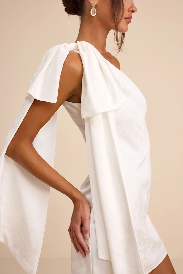 Jayda White Satin Jacquard One-Shoulder Sash Mini Dress | Lulus