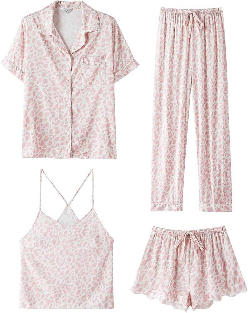 SAPJON Silk Pajamas for Women Set 4Pcs Ruffled Satin Pajamas Set Button Down Short Sleeve Cami Sh... | Amazon (US)
