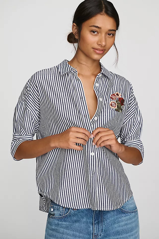 Mabel Boxy Oxford Embroidered Shirt Top | Anthropologie (US)