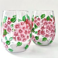 Hand Painted Pink Hydrangea Wine Glasses Set Of 2, Garden Wedding Drinkware | Etsy (US)