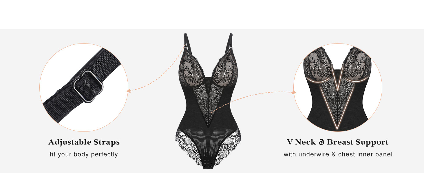 Popilush Lace Shapewear Bodysuit Women V Neck Tummy Control Backless Tank Tops Body Suit Thongs | Amazon (US)