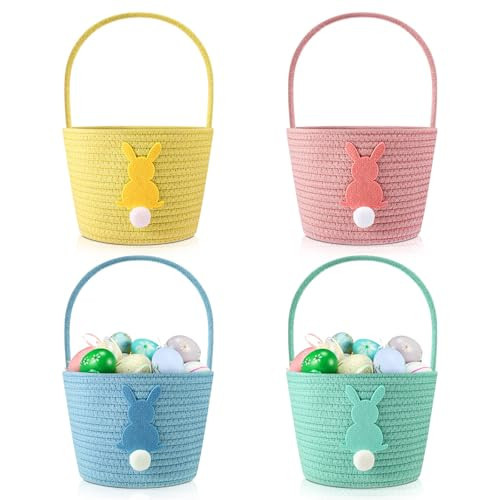 Teenyyou 4 Pack Easter Basket Woven Bunny Baskets with Handles Eggs Hunt Bucket Rabbit Cotton Rope Tote for Baby's First Easter Basket Gift for Baby Toddler Boys Girls(Cute) | Amazon (US)