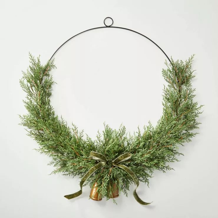 28&#34; Cedar Sprigs Seasonal Faux Asymmetrical Wire Wreath Green - Hearth &#38; Hand&#8482; with... | Target