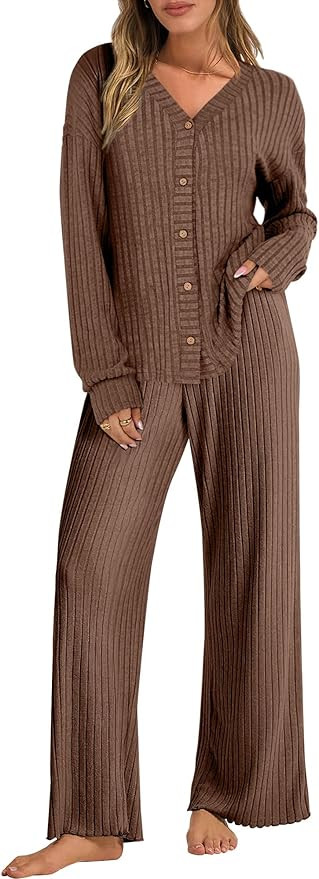 ANRABESS Women's 2 Piece Lounge Pajama Sets Ribbed Long Sleeve Button Top Matching Pants Sleepwea... | Amazon (US)