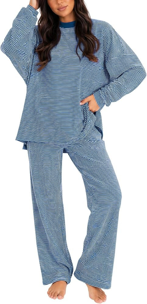 Women's 2 Piece Striped Lounge Set Wide Leg Pants Matching Pajamas Set | Amazon (US)