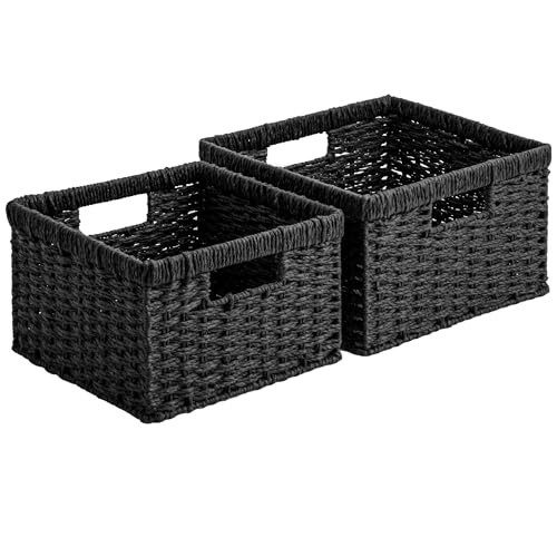 StorageWorks Wicker Basket with Handle, Wicker Storage Baskets for Organizing, Decorative Storage Baskets for Shelves, Paper Rope, Black, 2-Pack | Amazon (US)