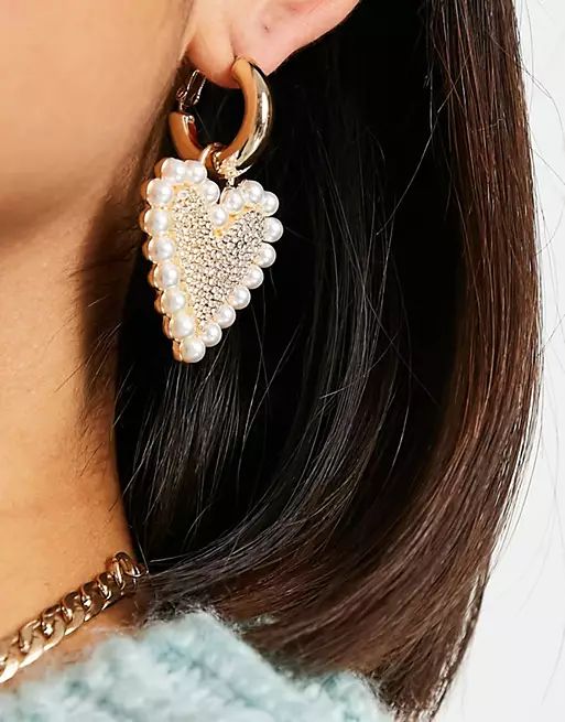 ASOS DESIGN hoop earrings with pearl heart charm in gold tone | ASOS (Global)
