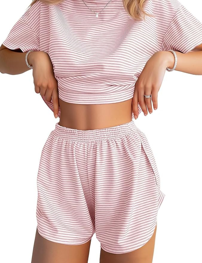 JUSTFASHIONNOW Womens Pajama Sets Shorts Striped Print Two Piece Lounge Sets Crew Neck Sleepwear ... | Amazon (US)
