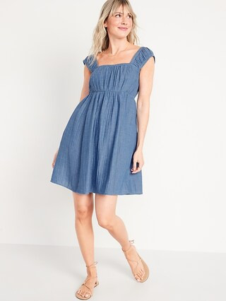 Cap-Sleeve Chambray Cutout Bow-Detailed Mini Swing Dress for Women | Old Navy (US)
