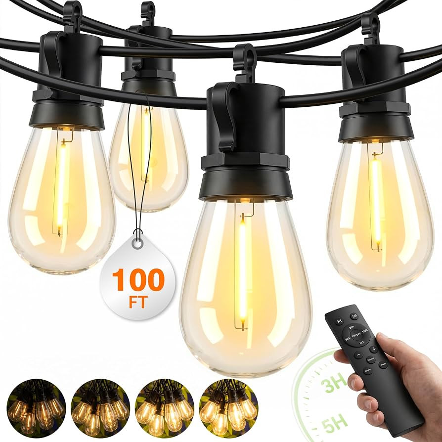 Outdoor String Lights LED Patio-Light - 100Ft Outside Waterproof Dimmable Porch Lights with Remot... | Amazon (US)