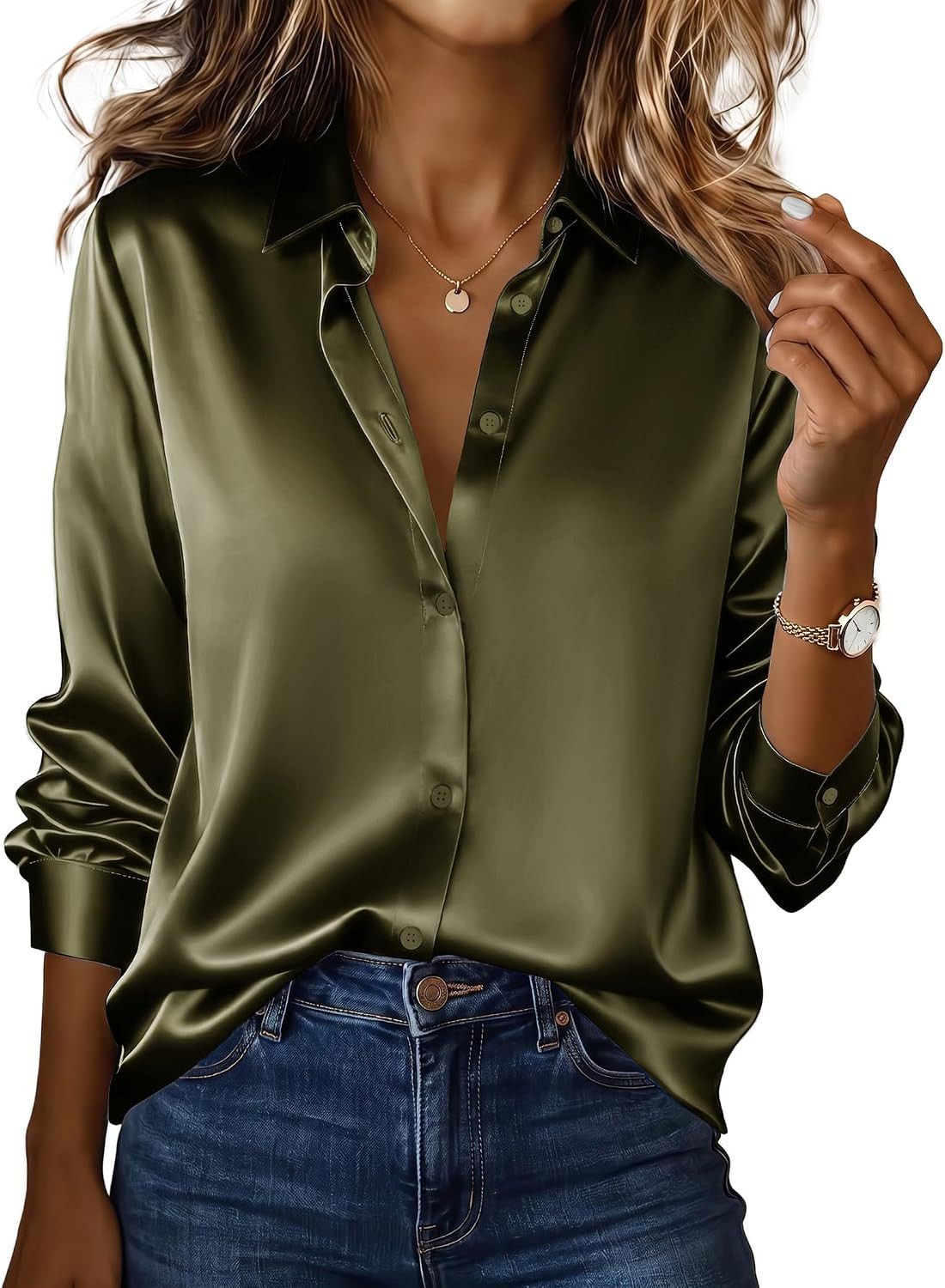Zeagoo Womens Satin Shirt Silk Button Down Blouses Long Sleeve Loose Tops | Amazon (US)