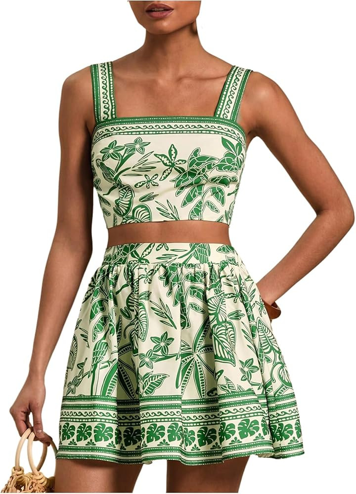Floerns Women's Two Piece Outfit Tropical Crop Cami Top and Summer Skirts Set | Amazon (US)