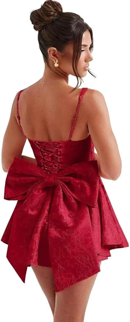 RSOETOO Satin Short Cocktail Dresses with Bows for Teens Spaghetti Straps Cocktail Prom Gowns RO1... | Amazon (US)