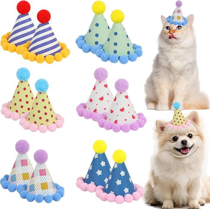 12 Pack Mini Party Hats for Stuffed Animals, Mini Hats with Pom Poms Dog Birthday Party Hats for ... | Amazon (US)