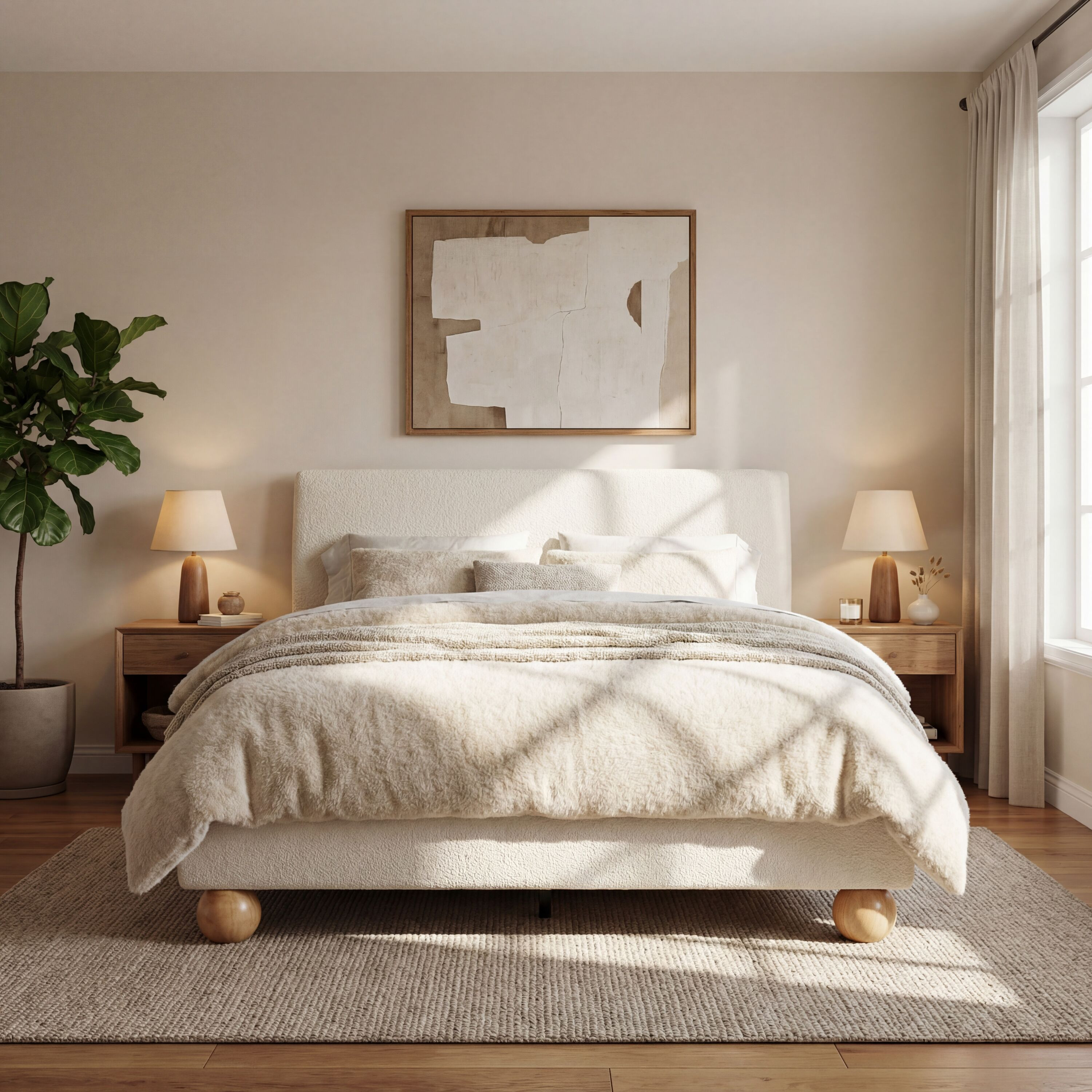Christopher Knight Home Modern White Boucle Fabric Upholstered Wood Frame Queen Platform Bed with Thick Headboard Round Wood Legs one_size | 376710 | Lowe's