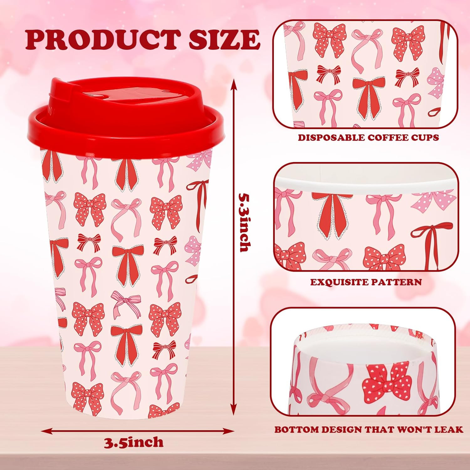 Whaline 50 Set Valentine's Day Disposable Coffee Cups with Lids Paper Cup Pink Red Bow Drinking C... | Amazon (US)