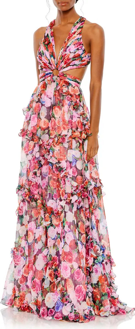 Floral Print Ruffle Cutout Gown | Nordstrom
