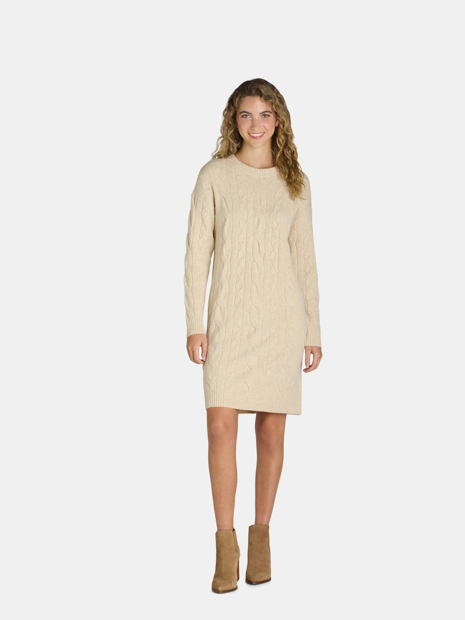 Time and Tru Women's and Women's Plus Cable Sweater Dress with Long Sleeves, Sizes XS-3XL | Walmart (US)
