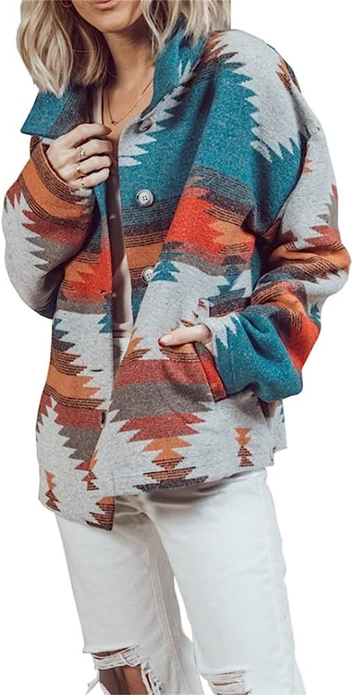 Heltapy Womens Aztec Shacket Jacket Loose Vintage Boho Wool Blend Coat Button Down Shirt Tops | Amazon (US)