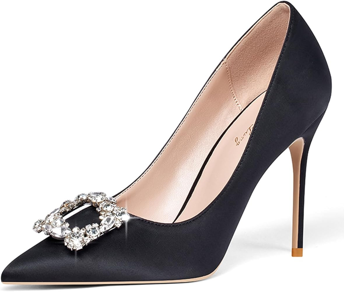 Elisabet Tang Women's Pumps 4 Inch Satin Glitter Rhinestone Heels for Women High Heels Closed Poi... | Amazon (US)