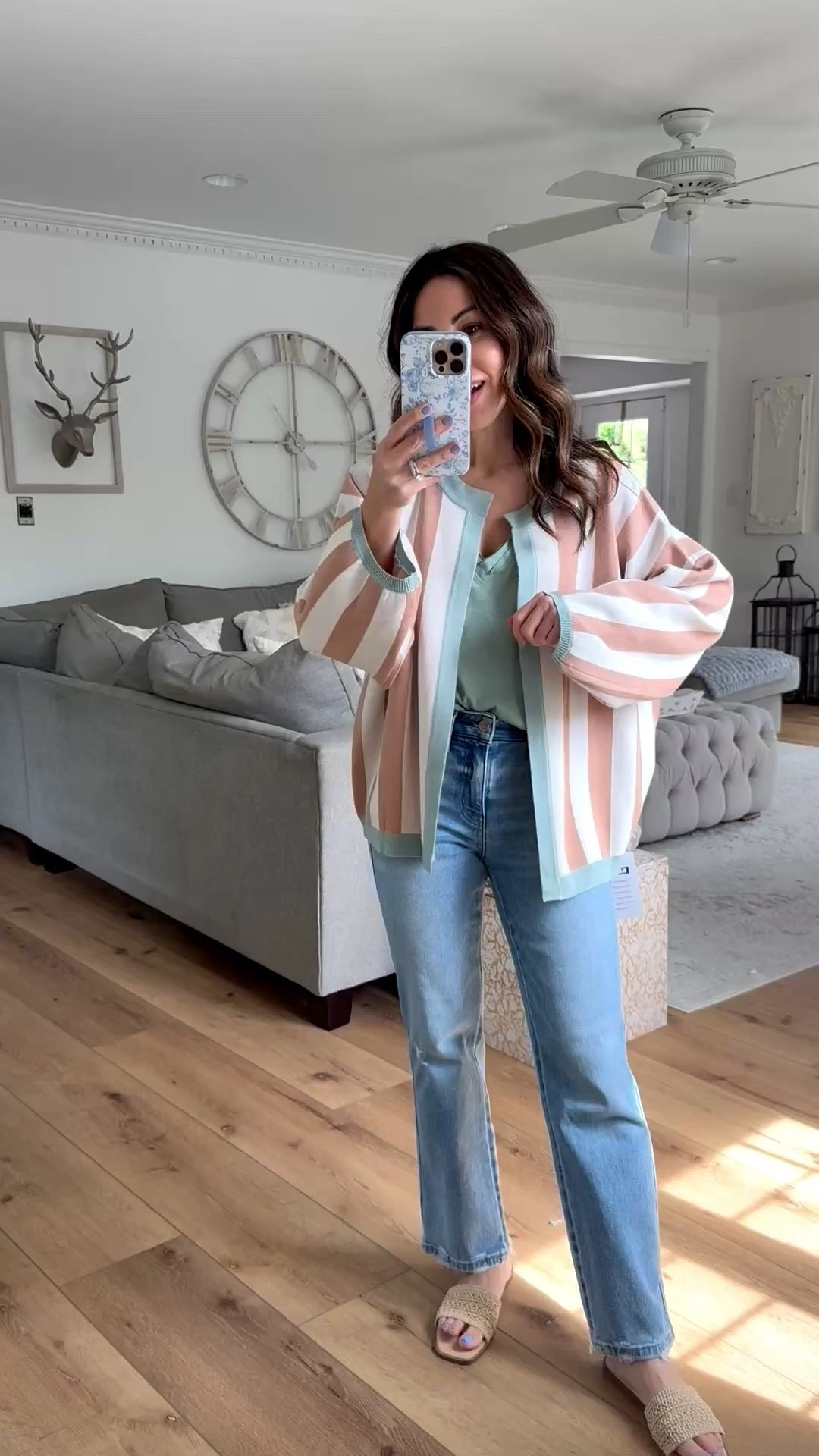 Jeans 25. Code LTK10. Small cardigan. Small V-neck. Sandals TTS.

#LTKSaleAlert #LTKOver40 #LTKPetite