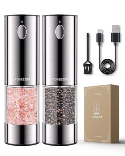 TOMEEM Upgraded Larger Capacity Electric Salt and Pepper Grinder Set Rechargeable with LED lights, Stainless Steel Automatic Pepper and Salt Grinder Refillable with 5 Adjustable Coarseness | Amazon (US)
