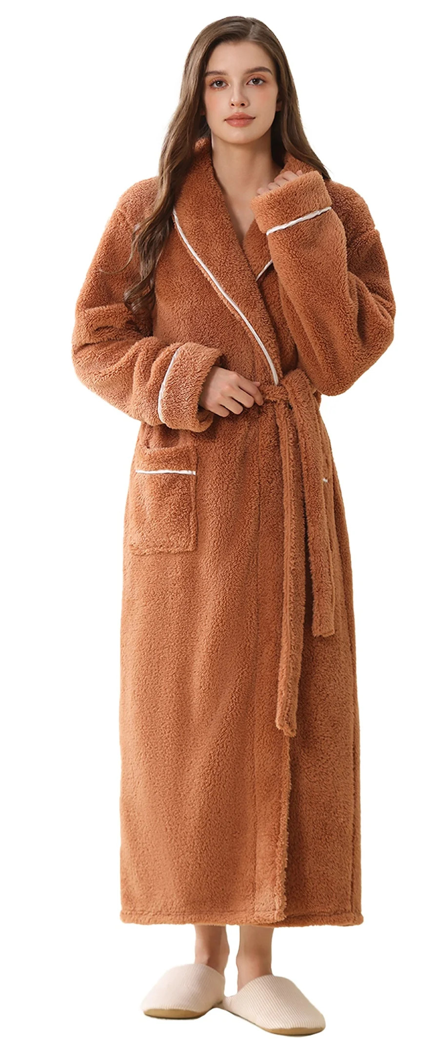 AMITOFO Women’s Thick Long Robe with Contrast Piping V-Neck – Soft Warm Winter Housecoat with... | Walmart (US)