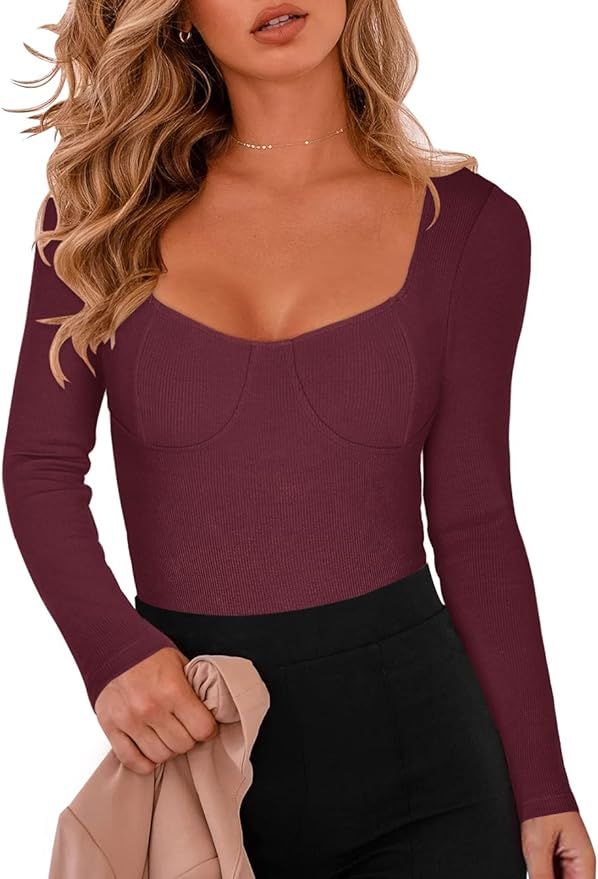 REORIA Women's Sexy Square Neck Long Sleeve Slimming Ribbed Corset Bodysuit Tops | Amazon (US)