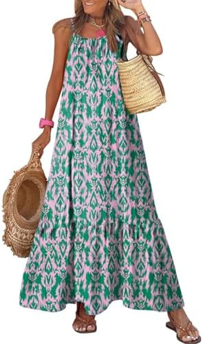 Dokotoo Women Summer Dresses 2026 Spaghetti Strap Scoop Neck Smocked Ruffle Flowy Boho Maxi Dress | Amazon (US)