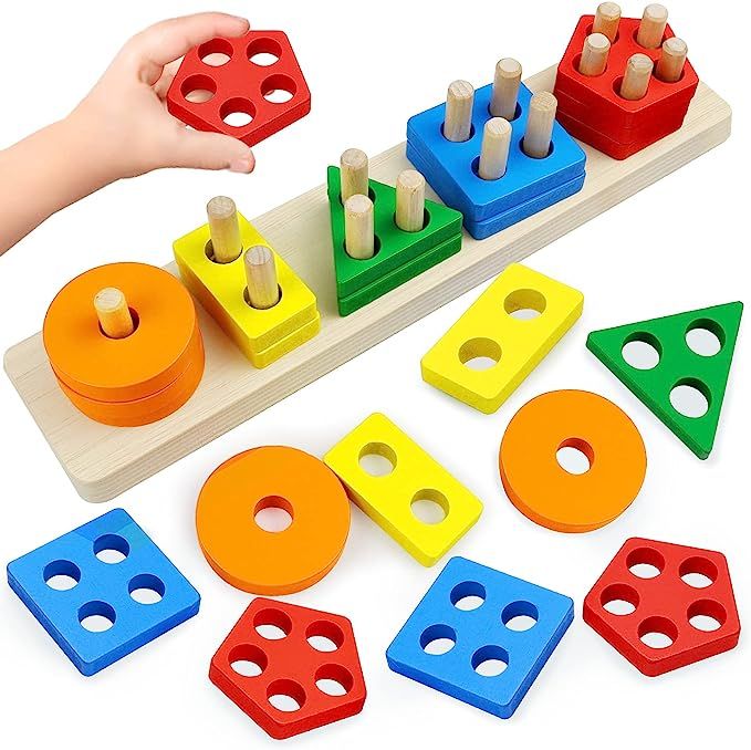 Montessori Toys for 1 to 3-Year-Old Boys Girls Toddlers, Wooden Sorting & Stacking Toys for Toddl... | Amazon (US)