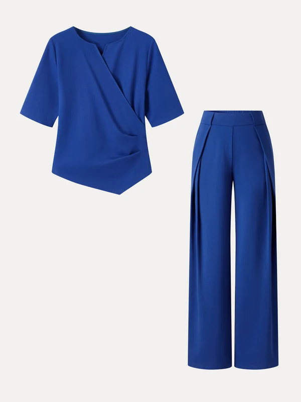 2Pcs Set Surplice Elbow Sleeve Top & Mid-Rise  Wide-Leg Tuck Pants with Pockets | OGLmove