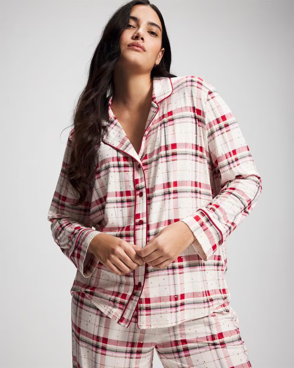 Cool Nights Long Sleeve Notch Collar with Piped Placket Pajama Top | Soma | SOMA