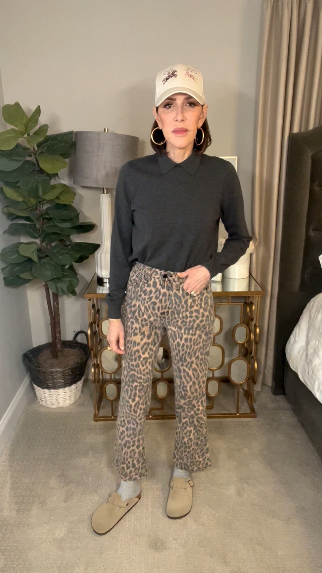 grey polo sweater, leopard pants, tan clogs, grey crew socks, gold hoop earrings, over 50 outfits, casual outfit 

#LTKSeasonal #LTKootd #LTKOver40