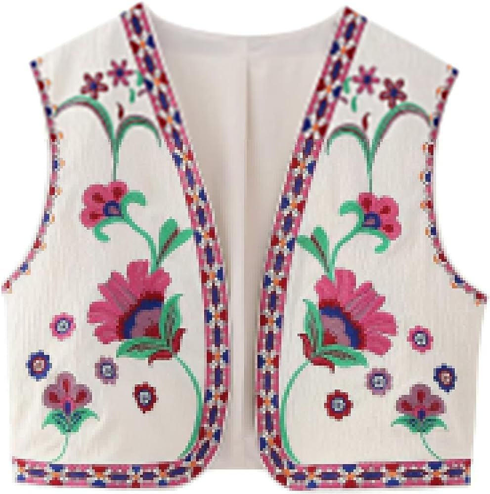 Meihuida Women Embroidered Vest Top Y2k Vintage Open Front Floral Boho Cropped Waistcoat | Amazon (US)