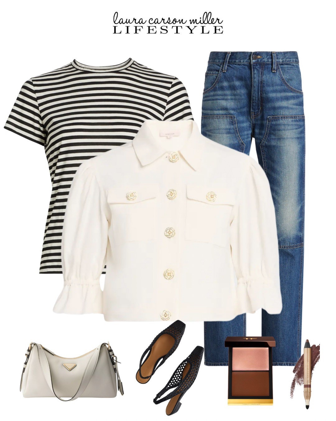 An excellent striped tee with high quality jeans and a statement jacket and bag  - you’re covered  anything and everything! Laura Carson Miller, striped tee, Prada, Nili lotan, Tom ford, slingbacks, spring style, vacation outfit, jeans, blush, hilighter, beauty 

#LTKOver40 #LTKStyleTip #LTKBeauty