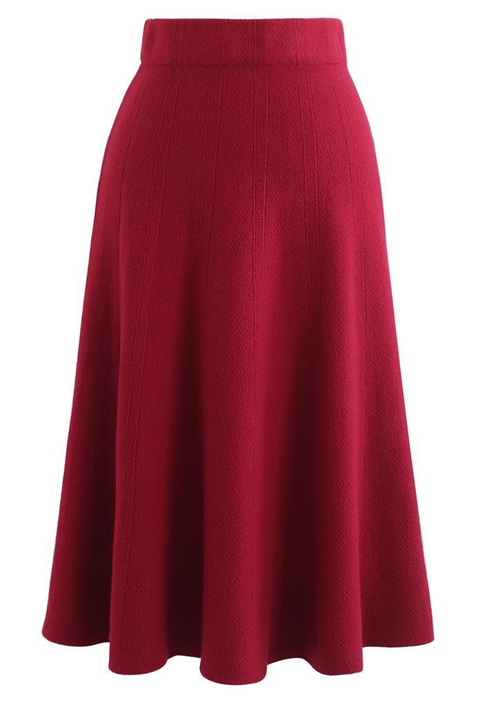 Textured Knit Flare Hem Knit Midi Skirt in Red | Chicwish
